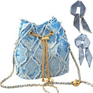 Denim Bucket Bag Quilted Drawstring Small Crossbody Purse for Women